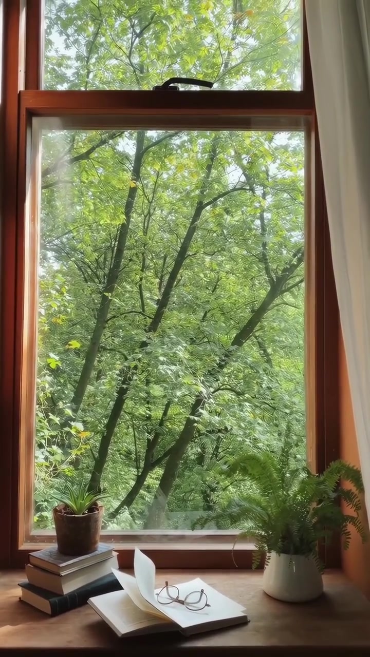 Cozy Window View with Books and Plants