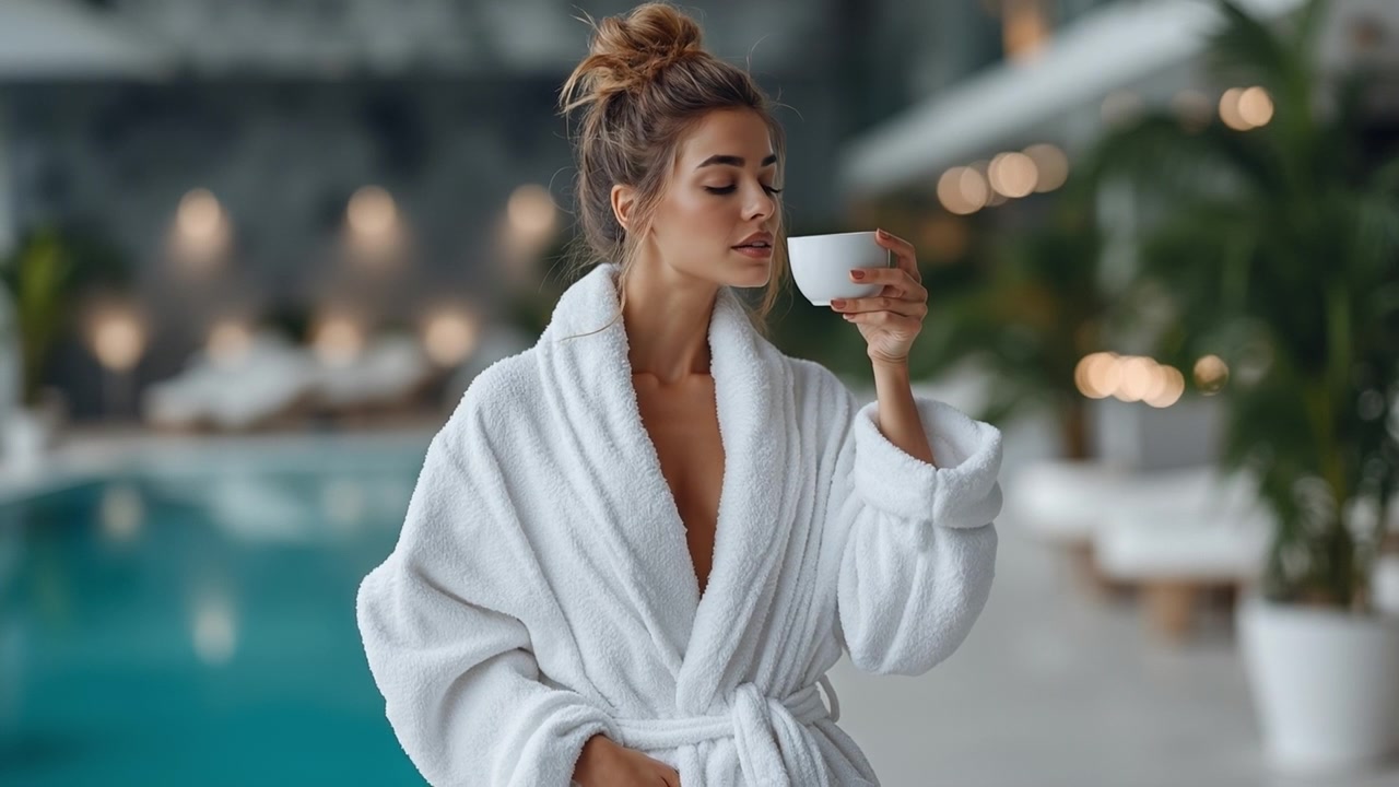 Beautiful woman wearing a white bathrobe holding a cup of coffee at a luxury resort pool