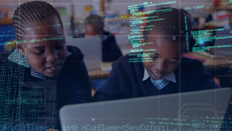 animation of data processing over african american schoolchildren using laptop