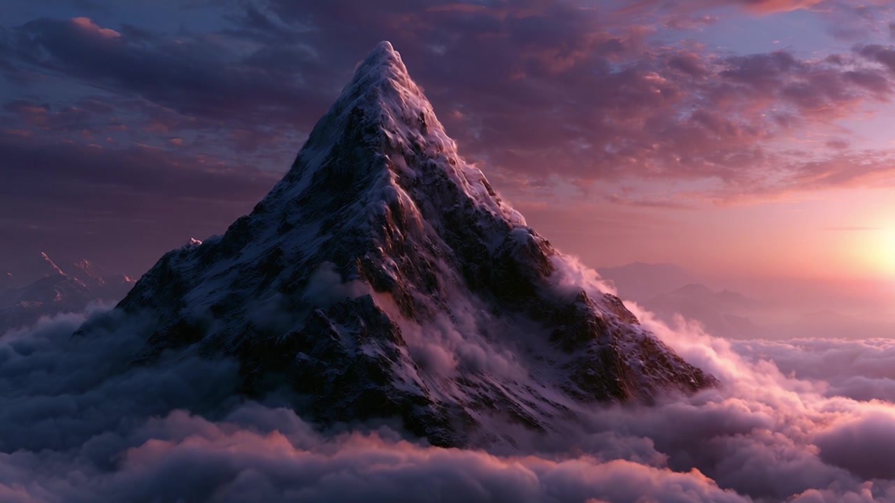 Gunung Megah Menjulang di Atas Awan Saat Senja: Keindahan Alam yang Memukau Terekam dalam Senja yang Tenang dengan Warna Cerah dan Suasana yang Memikat