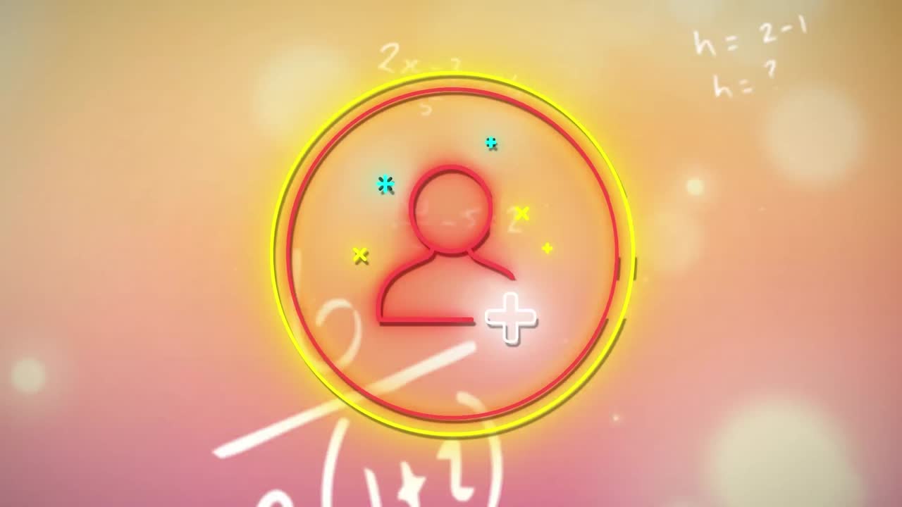 오렌지색 배경에 수학 수식 위에 소셜 미디어 아이콘의 애니메이션