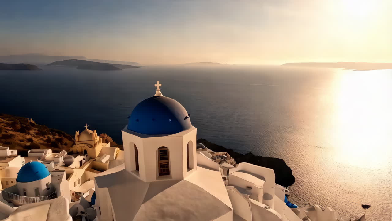 Panoramic views of Santorini, Greece, with iconic white buildings, blue-domed churches, and the Aegean Sea, including a person enjoying the scenic landscape