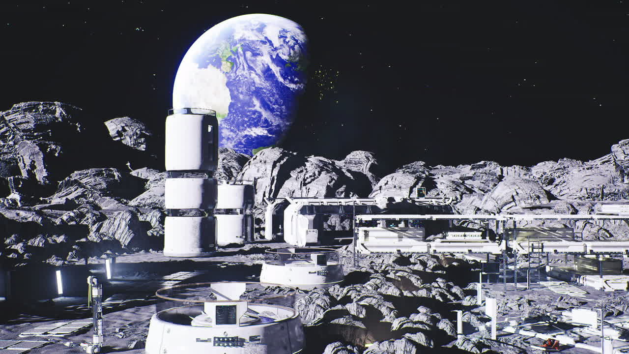 Industrial lunar mining hub with heavy equipment and dust clouds
