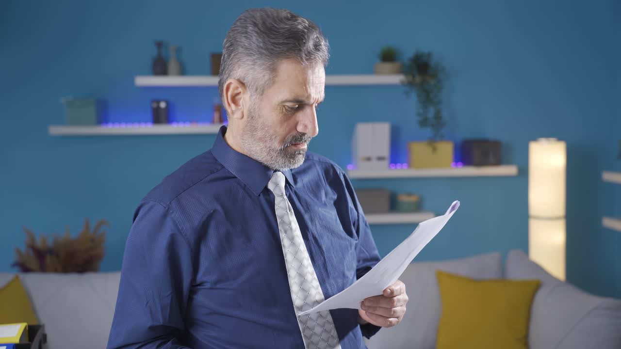 Mature businessman in suit working in home office, taking notes looking at documents and paperwork, taking off his glasses.