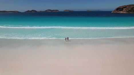 video de un avión no tripulado de 4k de una pareja corriendo desde el océano azul brillante hacia su camioneta en la playa de lucky bay en el parque nacional cape le grand cerca de esperance en el suroeste de australia