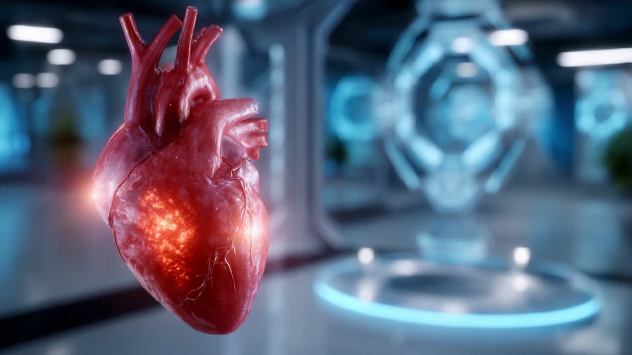 A Stunning 3D Visualization of a Human Heart Featuring Radiant Vascular Structures and Bioluminescent Effects in a High-Tech Laboratory Setting, Emphasizing the Intricacies of Cardiac Anatomy