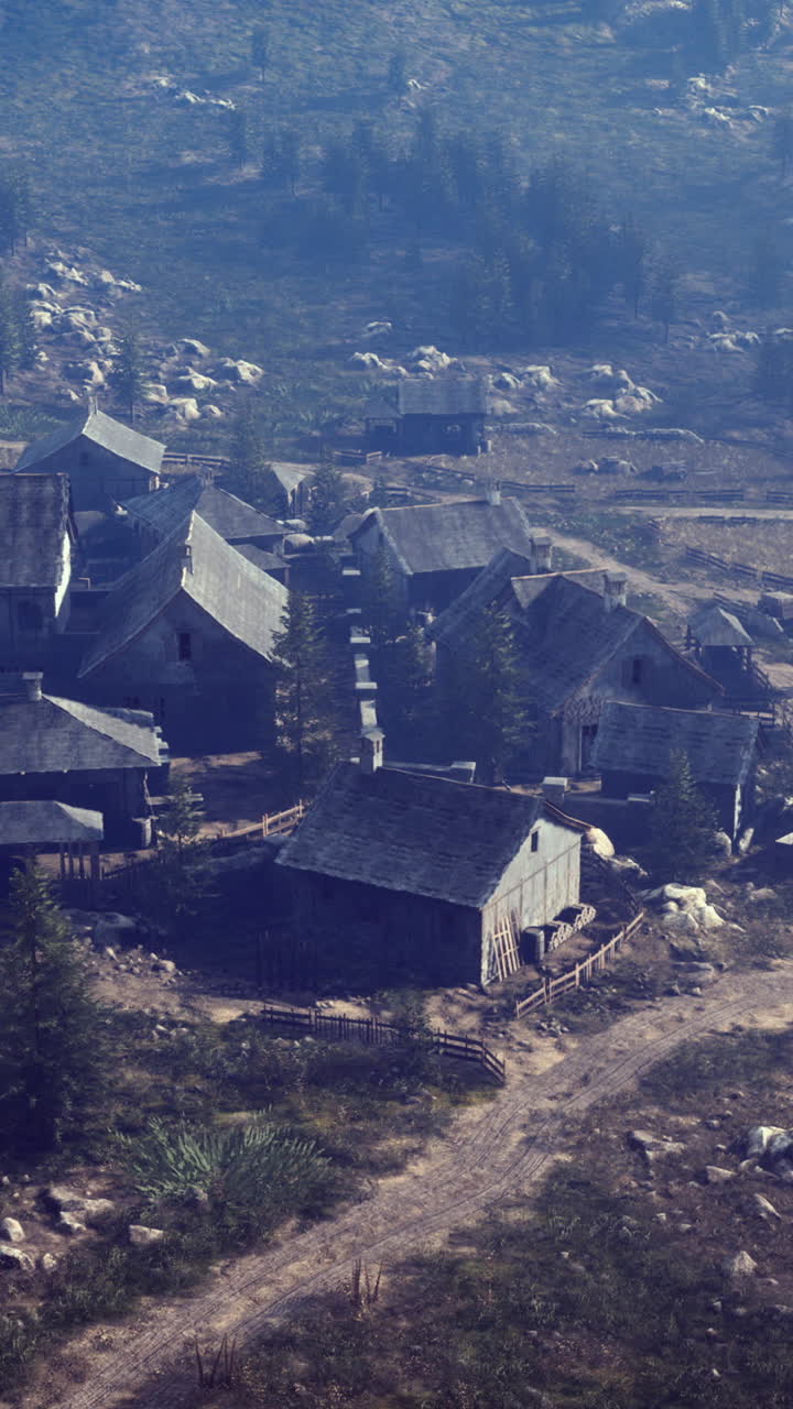 Quiet village nestled in the mountains featuring rustic homes and winding paths