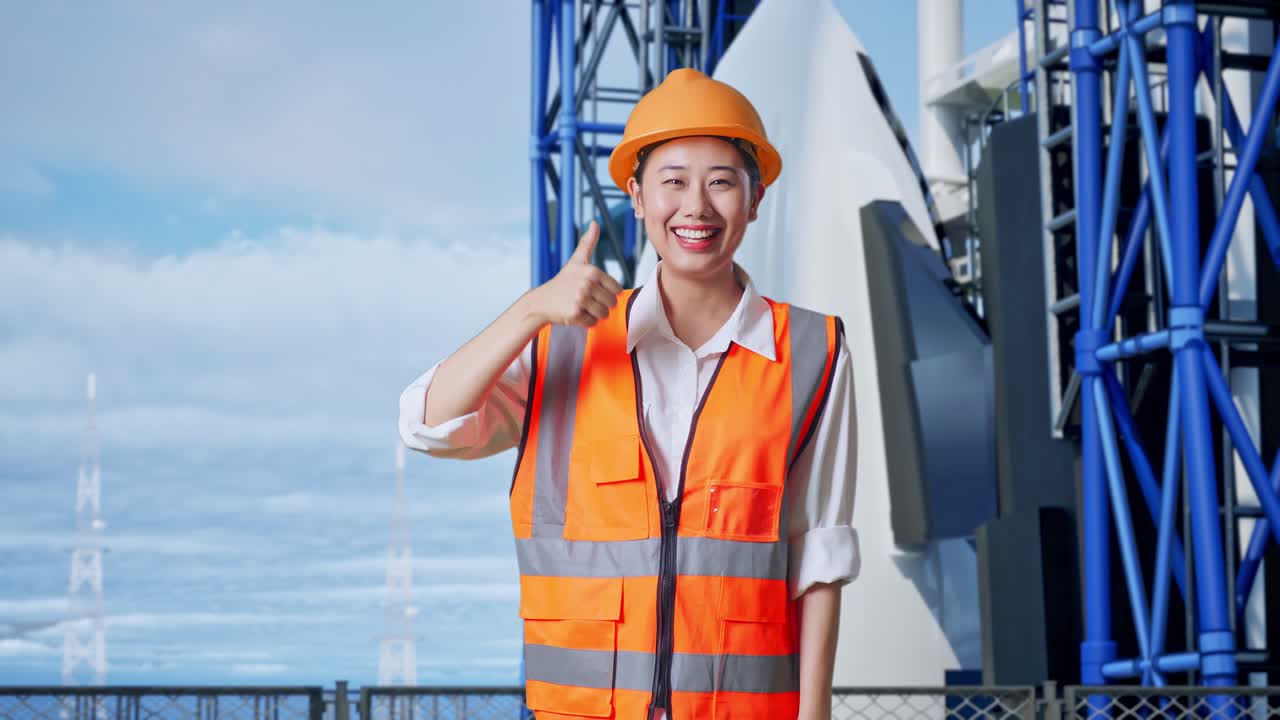 로켓 발사 시설 앞에서 엄지손가락을 올리는 여성 엔지니어