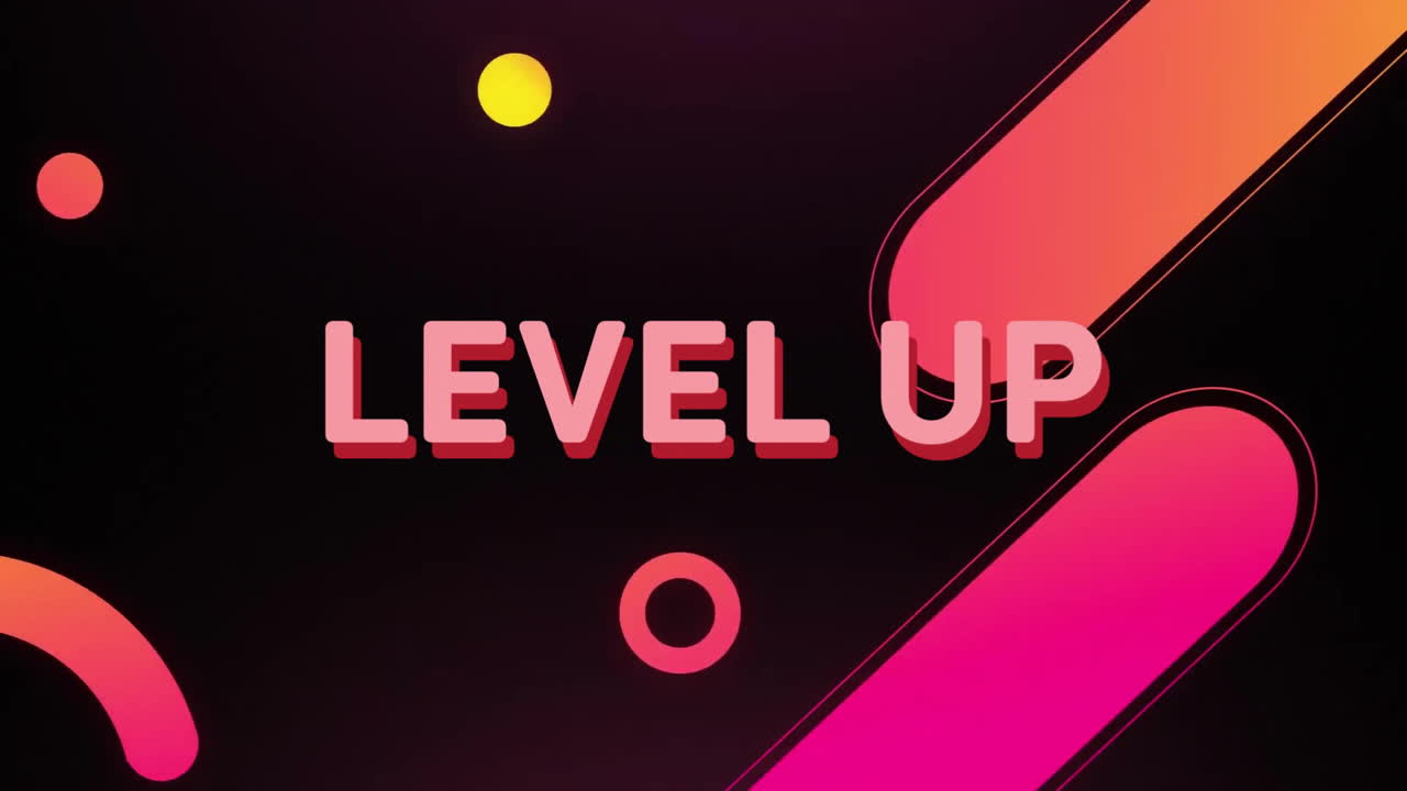 Animation of level up text over shapes moving