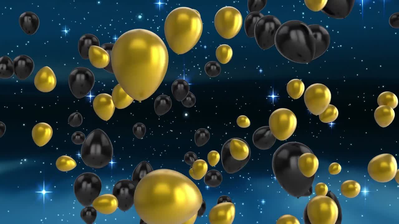 animación de globos y luces de colores volando sobre un fondo negro