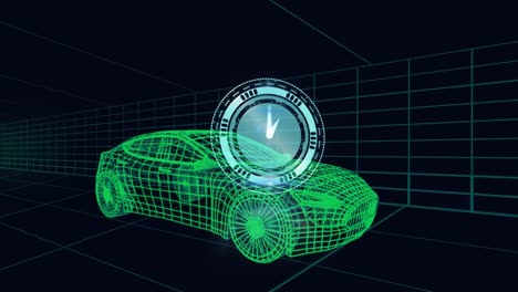 animación del reloj moviéndose rápidamente sobre el modelo de dibujo 3d del coche y la cuadrícula