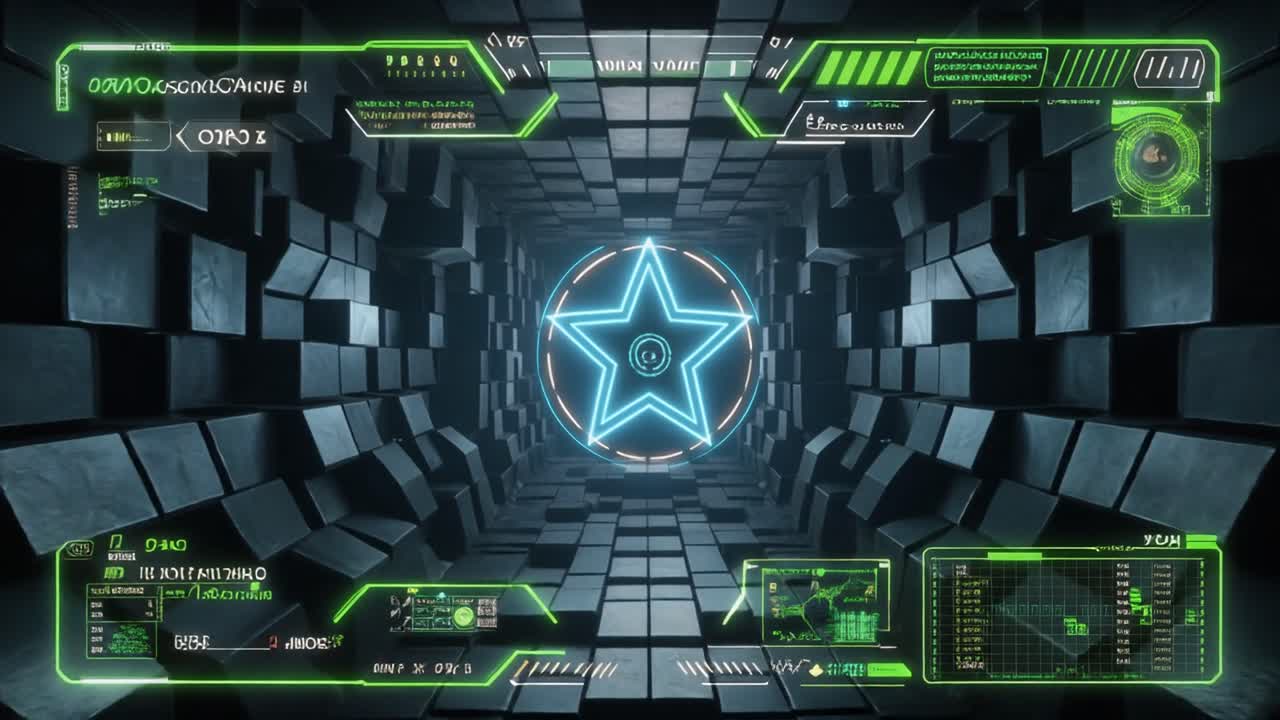 Futuristic HUD Interface with Glowing Star in Geometric Tunnel