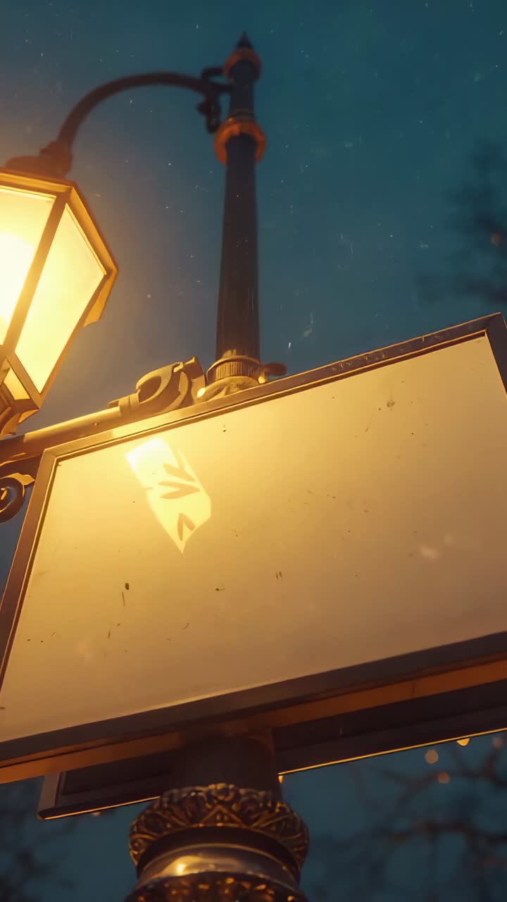 Vertical video: Camera focusing on ornate lamppost with lantern, blank signboard at night in snow