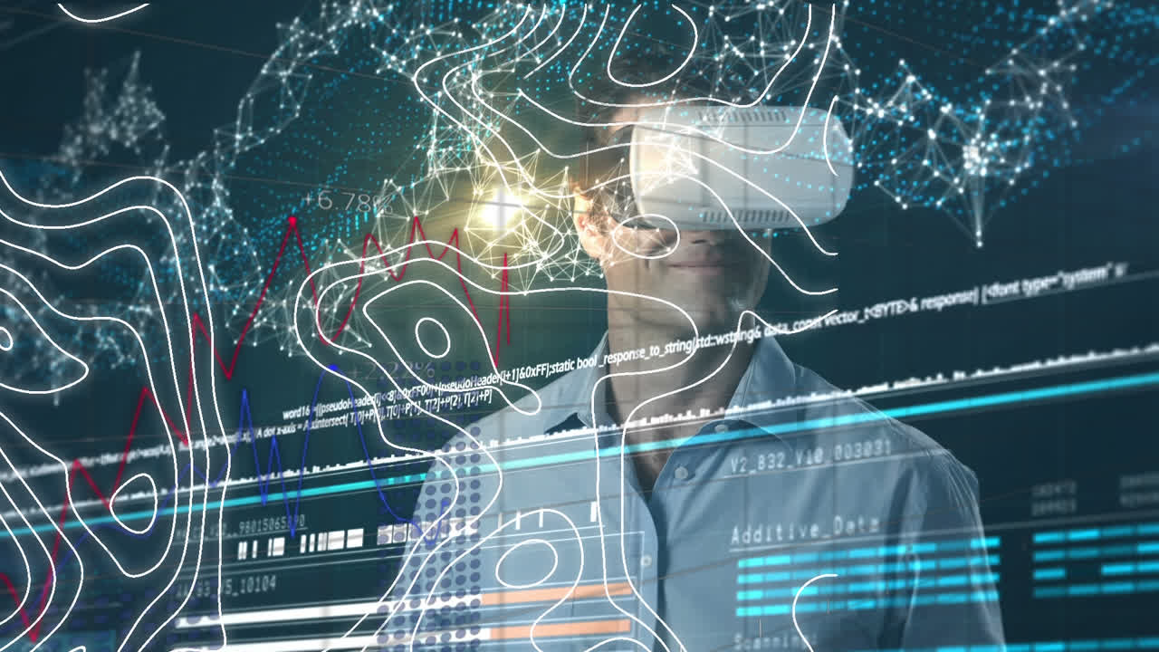 Animation of network of connections and icons and lines map over man wearing vr headset