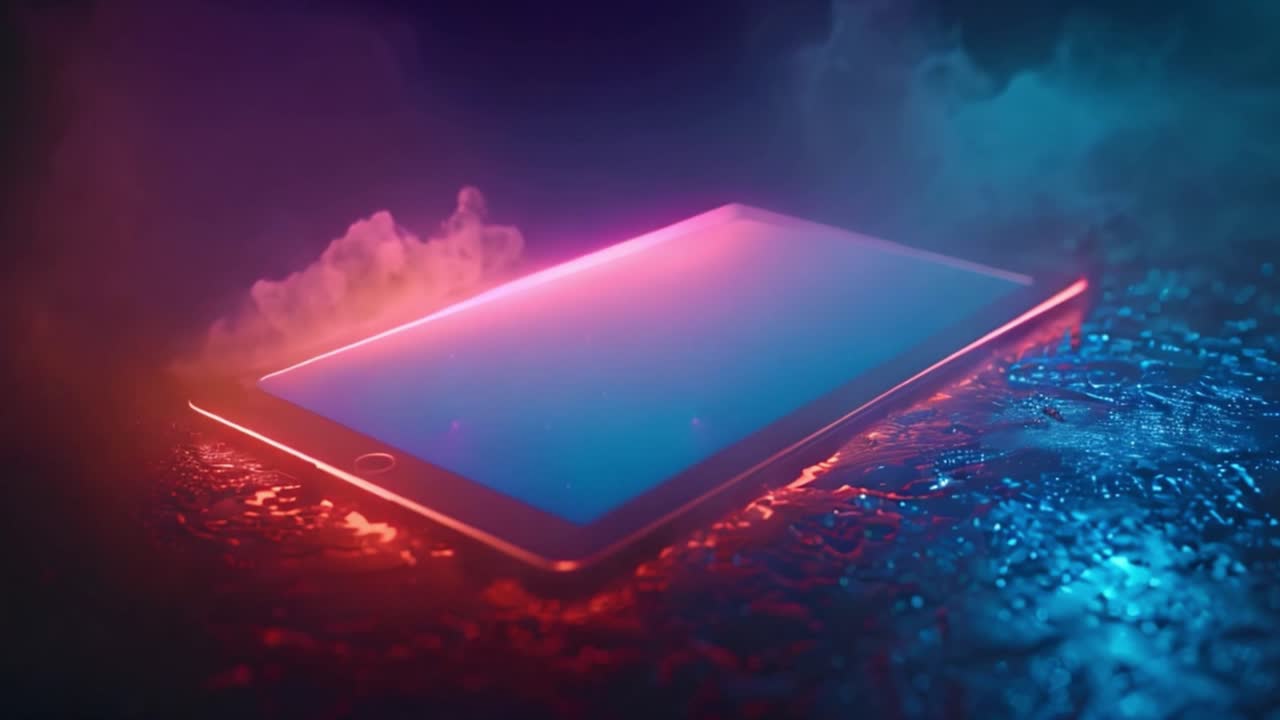 Futuristic Glowing Tablet with Neon Red and Blue Light