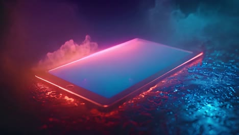 futuristic glowing tablet with neon red and blue light