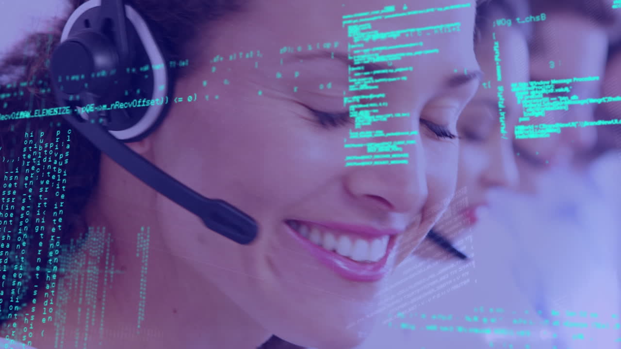 Animation of data processing over diverse business people wearing phone headsets