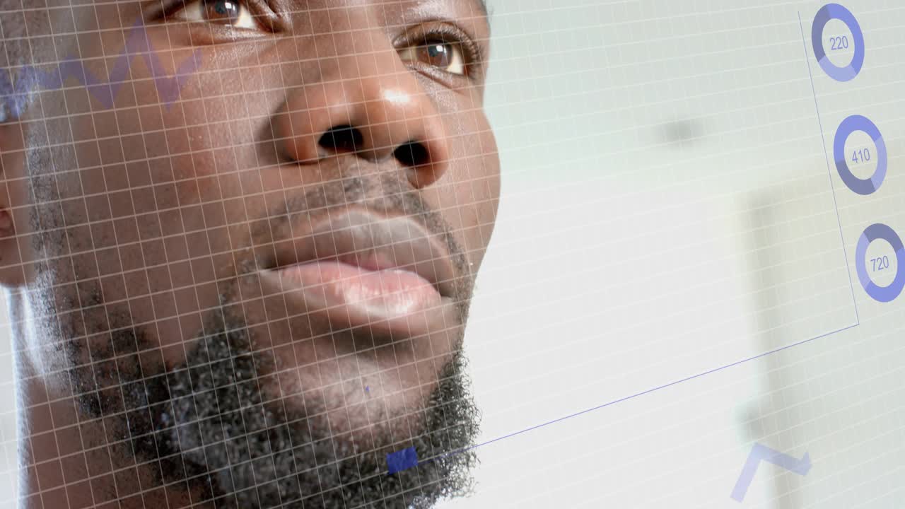 Man receiving pipette drop near eye in clinic, data overlay tracking tear response and gaze shift