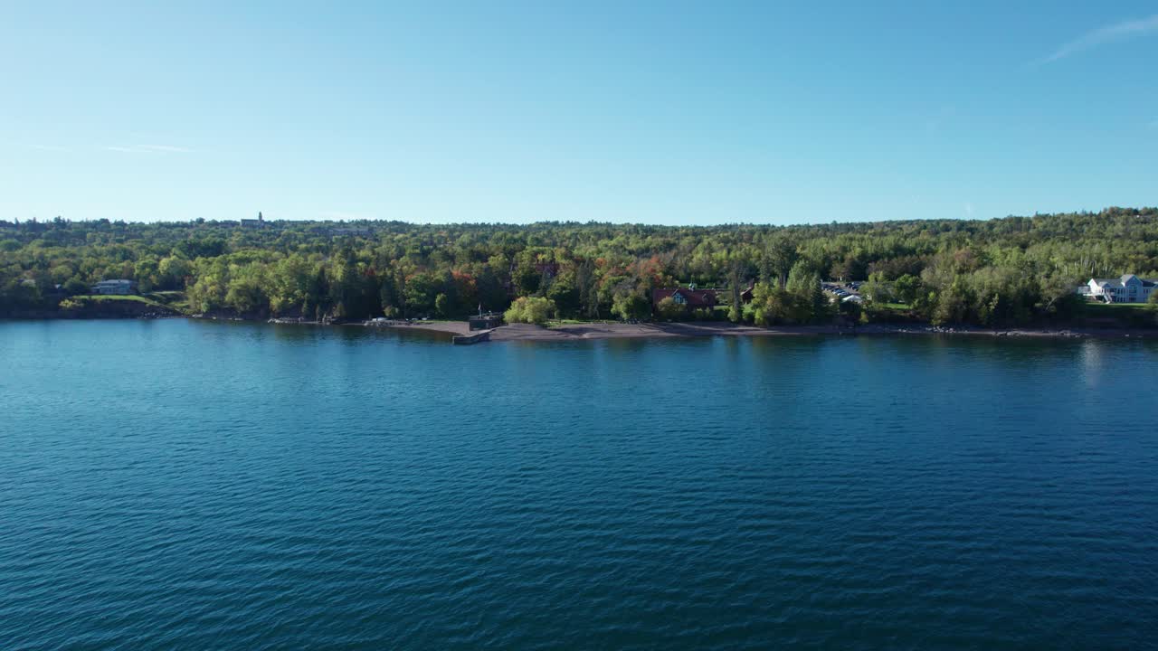 Zooming out shot of the lake superior shoreline near Duluth, MN