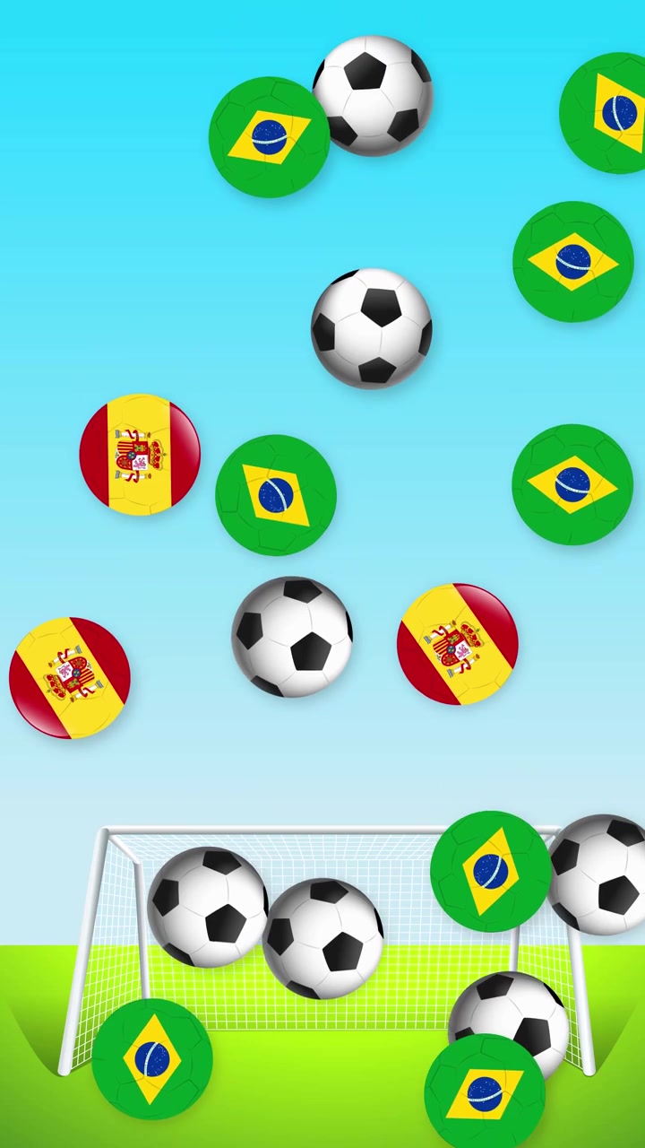 Palloni da calcio animati e stemmi di bandiere nazionali cadono continuamente su uno sfondo di cielo blu.
