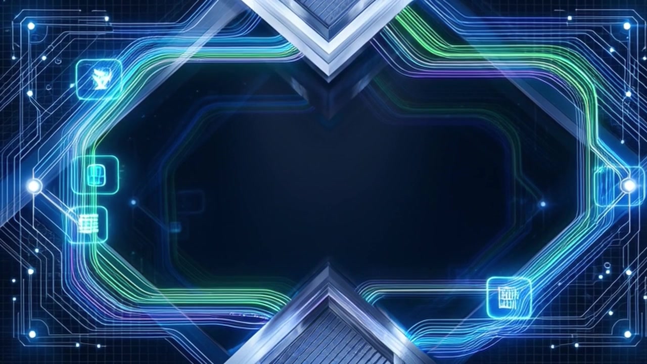 Abstract Digital Technology Background with Glowing Circuitry and Icons