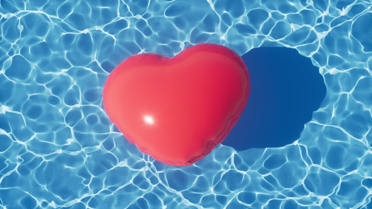 Loop animation of rippled water surface and heart balloon, 3d rendering.