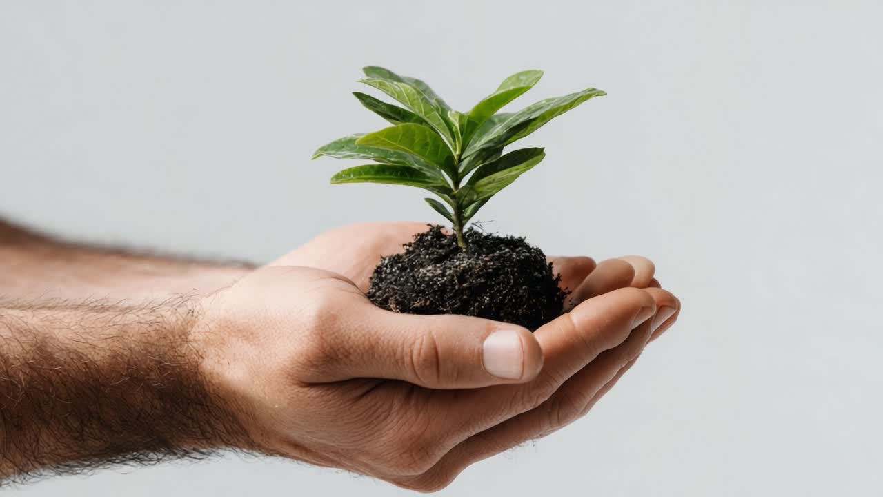 Nurturing Growth: An Individual's Hand Cradles a Young Plant, Symbolizing Hope and Sustainability in Nature's Cycle of Renewal and Environmental Responsibility