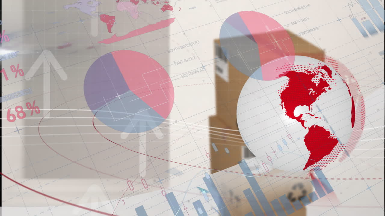Analyzing global data, charts and graphs on world map and globe animation