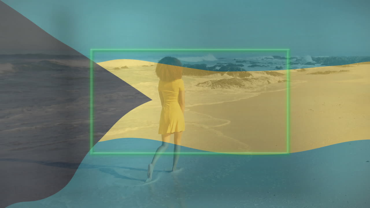 Walking on beach, woman in yellow dress with animation of abstract shapes