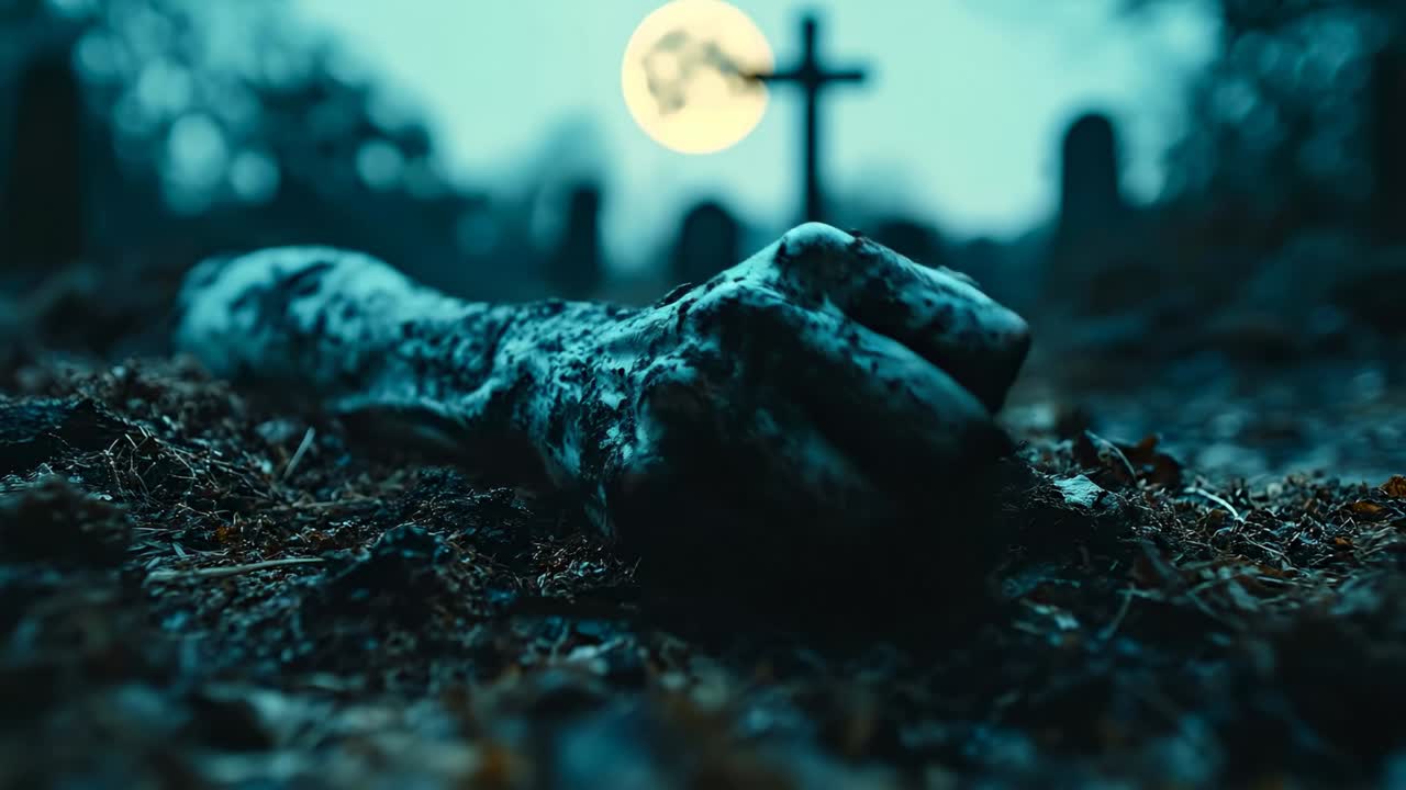 Mano di zombie che emerge dal terreno in un cimitero di notte. Concetto horror di una mano in decomposizione che si protende da una tomba con una luna piena e una croce sullo sfondo.