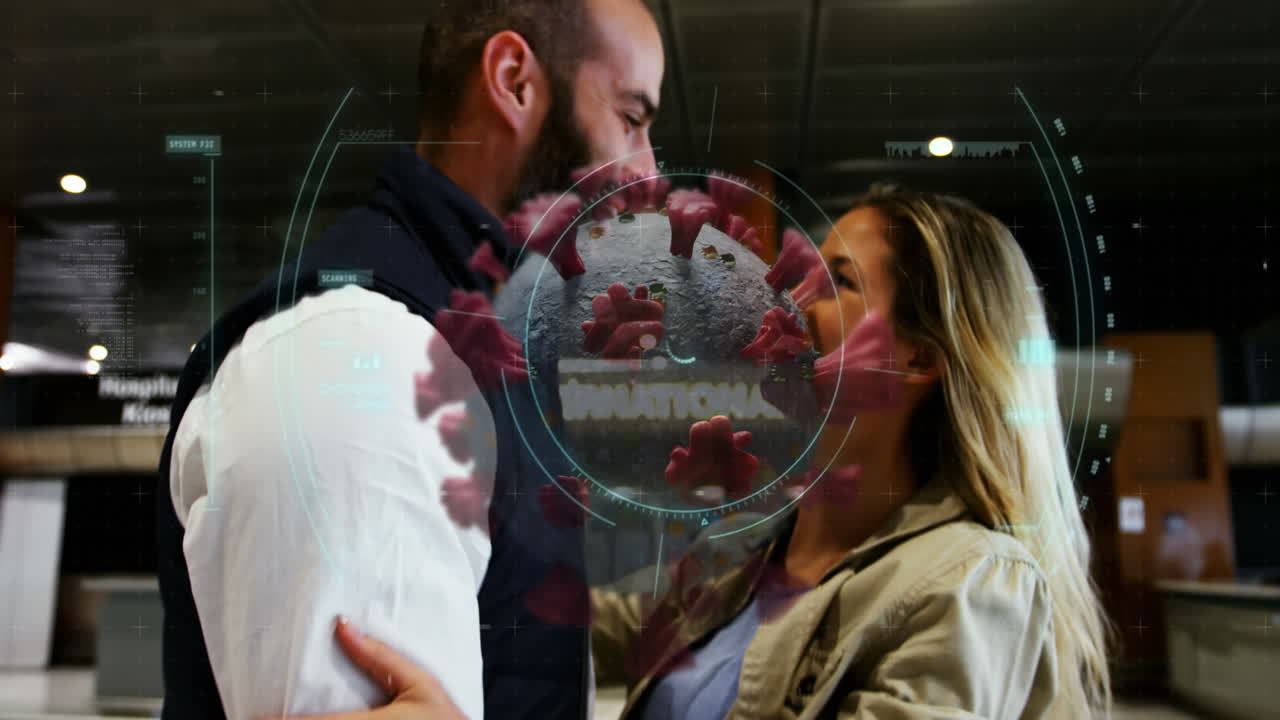 animación de una célula macro covid-19 flotante sobre una pareja caucásica abrazándose en el aeropuerto