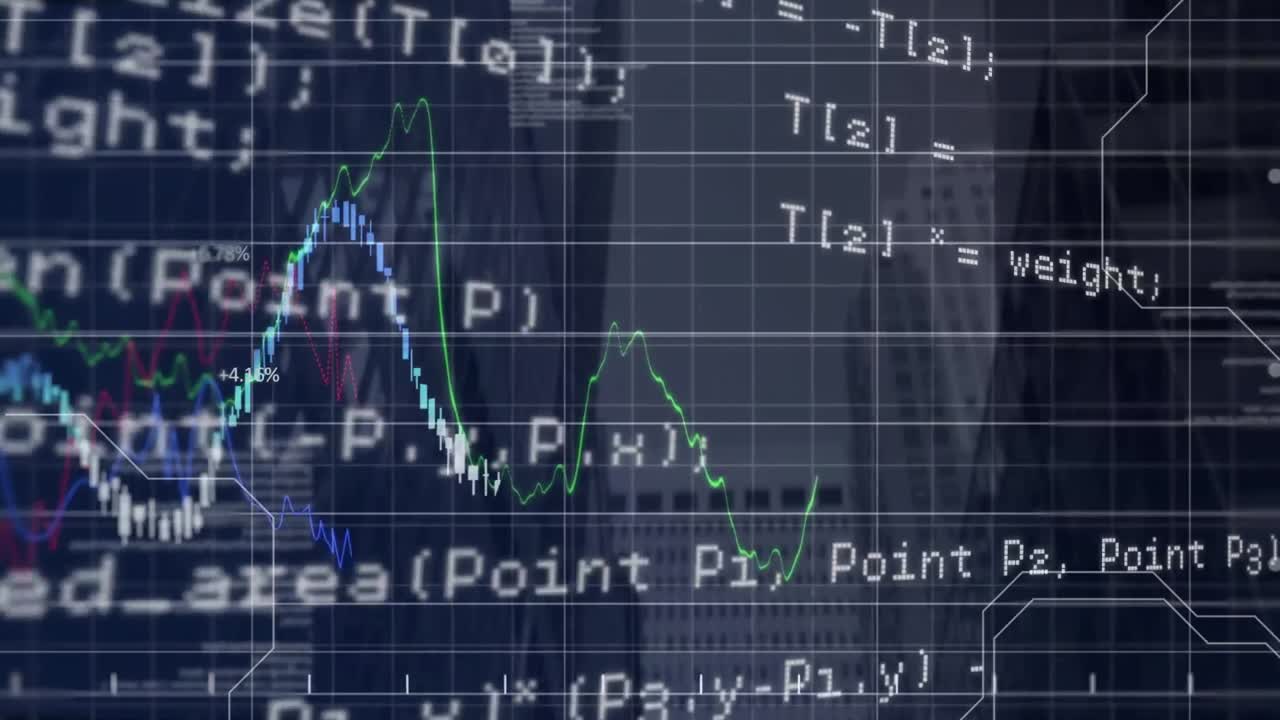Financial data processing over grid network against tall buildings in background