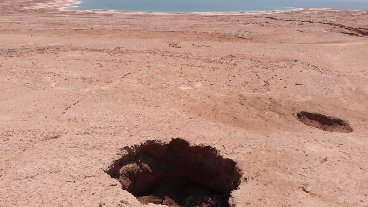 Large Sinkholes in the desert of the Dead sea aerial view