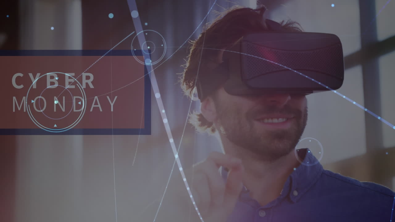 Animazione del testo Cyber Monday su un uomo che indossa un visore VR