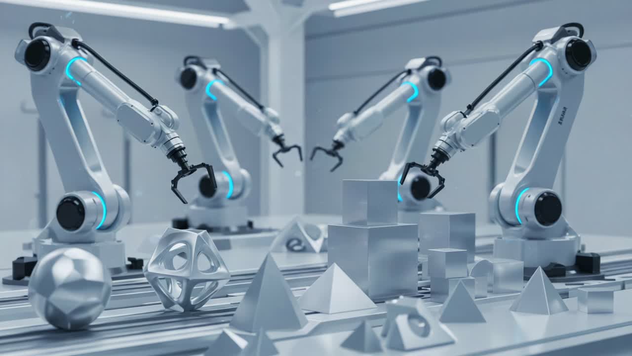 Advanced Robotic Arms Engaged in Precision Manipulation of Geometric Shapes in a High-Tech Industrial Environment, Showcasing Automation and Modern Design