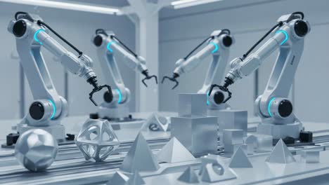 advanced robotic arms engaged in precision manipulation of geometric shapes in a high-tech industrial environment, showcasing automation and modern design