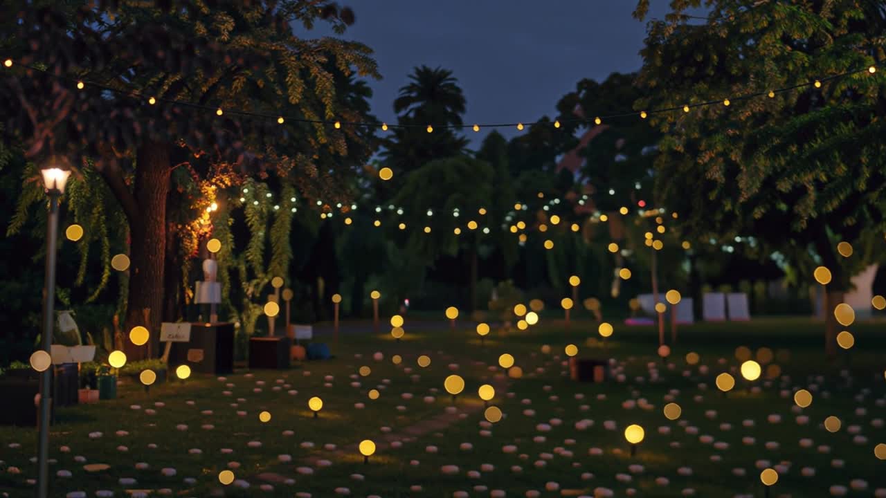 Night outdoor scene with warm string lights creating colorful blurred bokeh effect in park setting