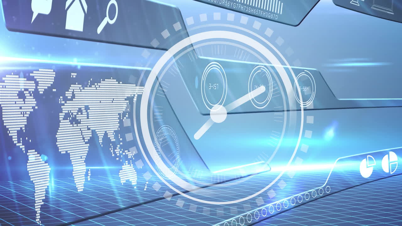 데이터 처리 및 세계 지도와 디지털 인터페이스를 통해 움직이는 시계의 애니메이션