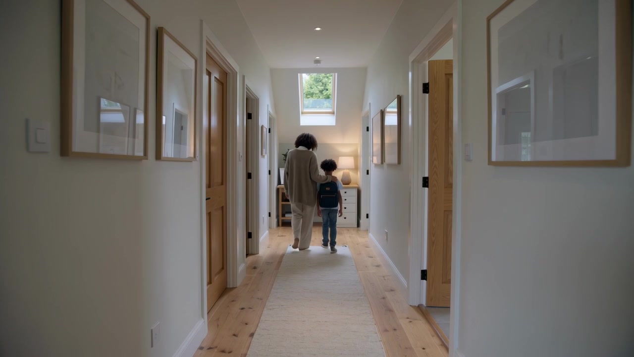 Genitore e bambino vestiti con cardigan che camminano lungo il corridoio di casa, uscendo per andare a scuola.