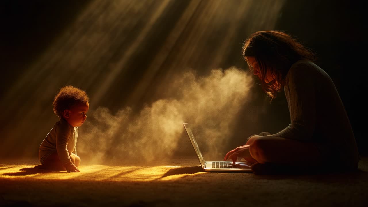 A captivating moment showcasing a parent engaged in work on a laptop while their curious child sits nearby, illuminated by enchanting beams of light and soft dust particles