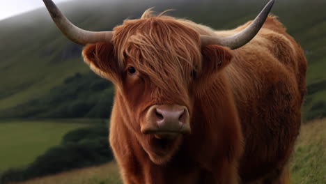 close-up of a highland cow in a grassy field