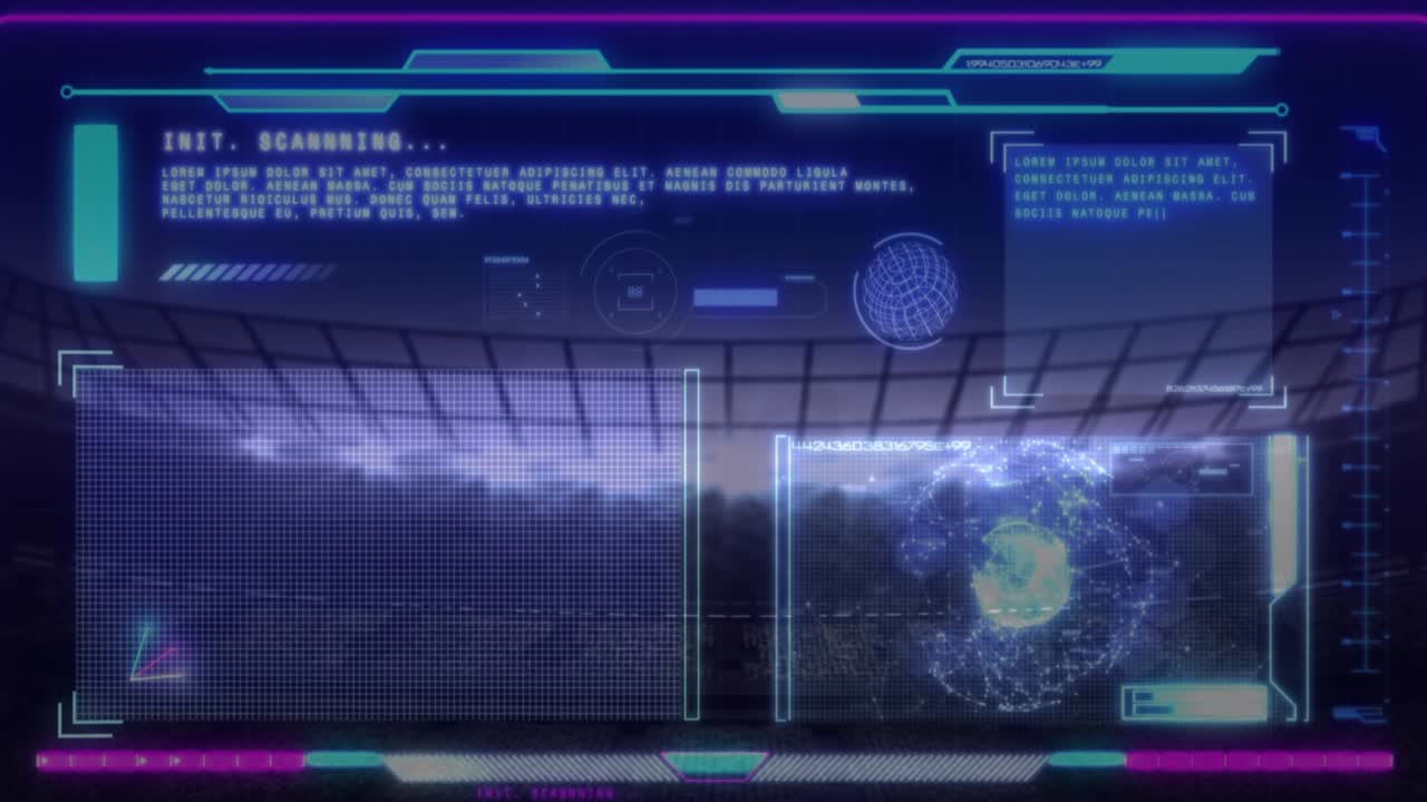 홍수 조명 스포츠 경기장 위의 인터페이스 처리 데이터의 애니메이션