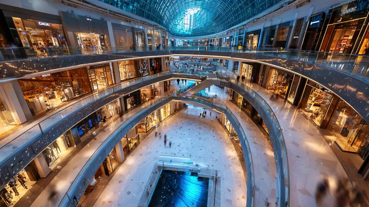 Aerial View of a Modern Shopping Mall, Showcasing Multiple Levels, Stylish Boutiques, Bright Lighting, and a Lavish Interior Design with a Spacious Atrium