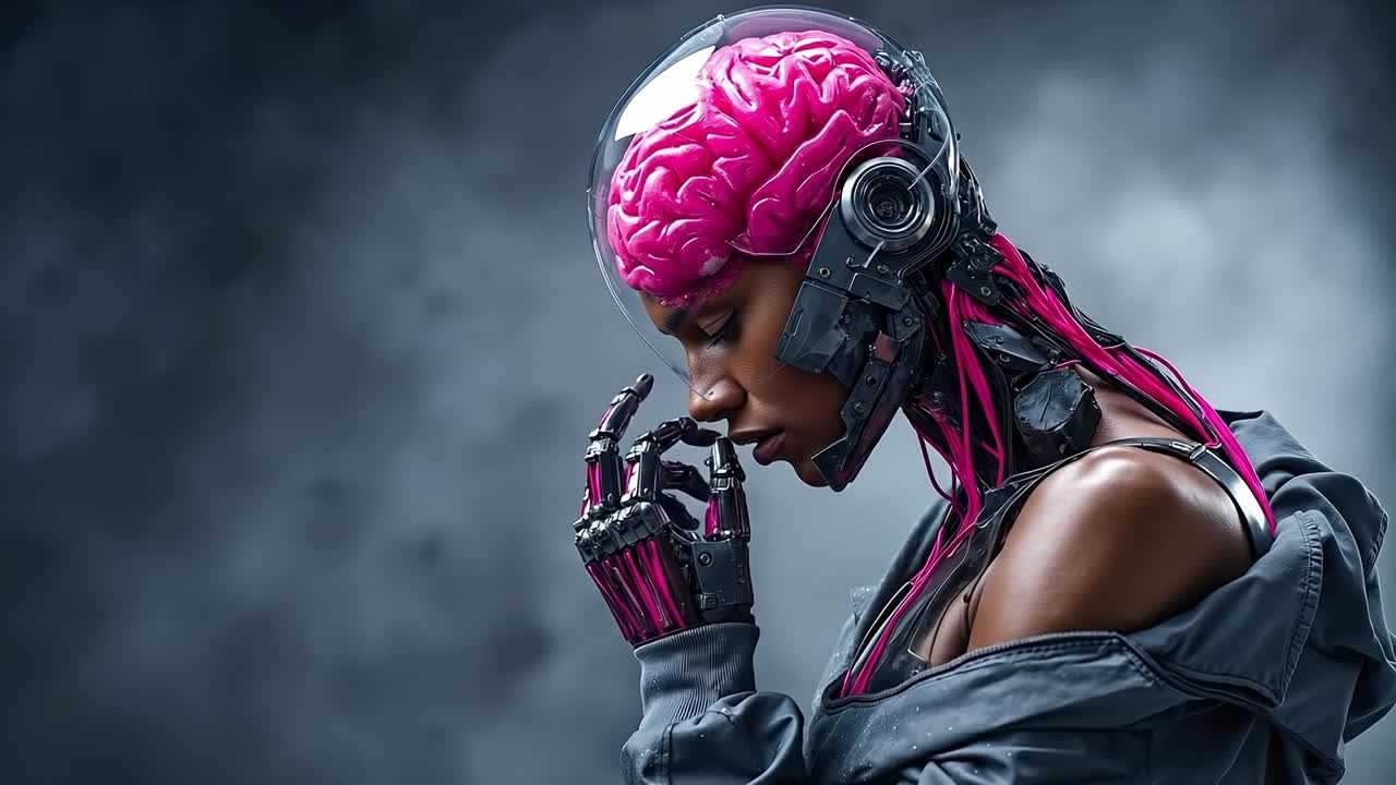 A woman with pink hair and a pink brain on her head