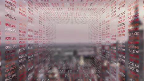 wall of falling stock prices over new york skyline