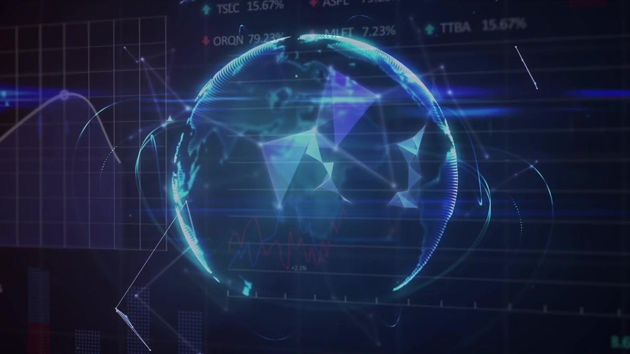 Animation of network of connections and financial data processing over globe