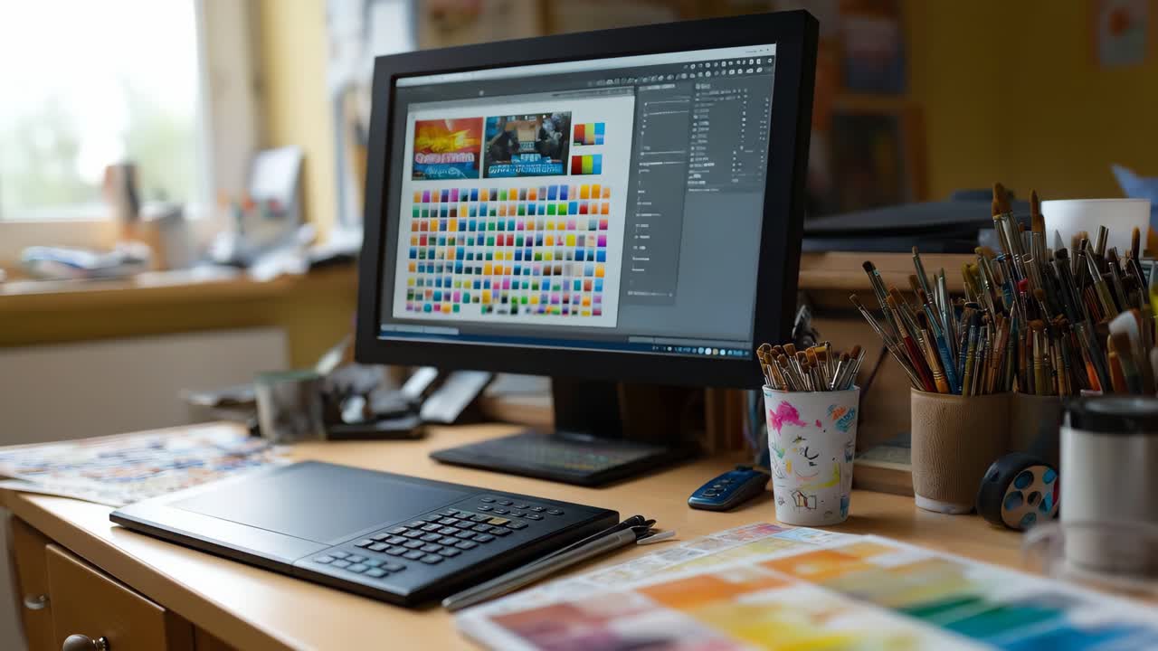 digital art workspace with color palette and brushes