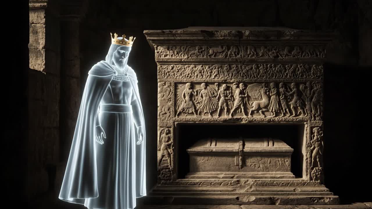 A ghostly king in a crypt near a sarcophagus