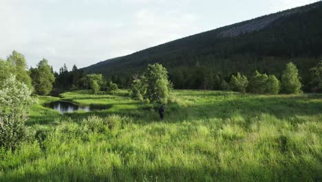 man carrying fish rod walking on the grassy field