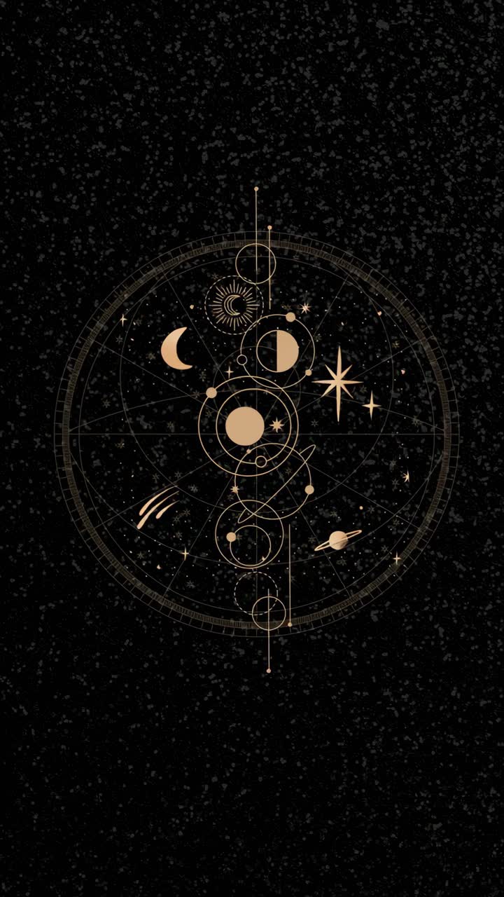 Celestial-themed design with golden astronomical symbols on a black starry background